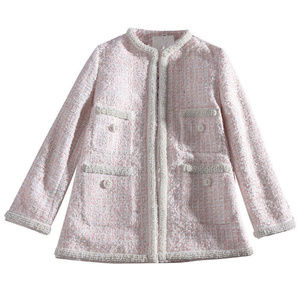 Womens Pearls Button Beading Wool Tweed Jacket Pea